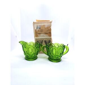 Vintage L.E. Smith Moon & Stars Green Glass Creamer and Sugar Original Sears Box